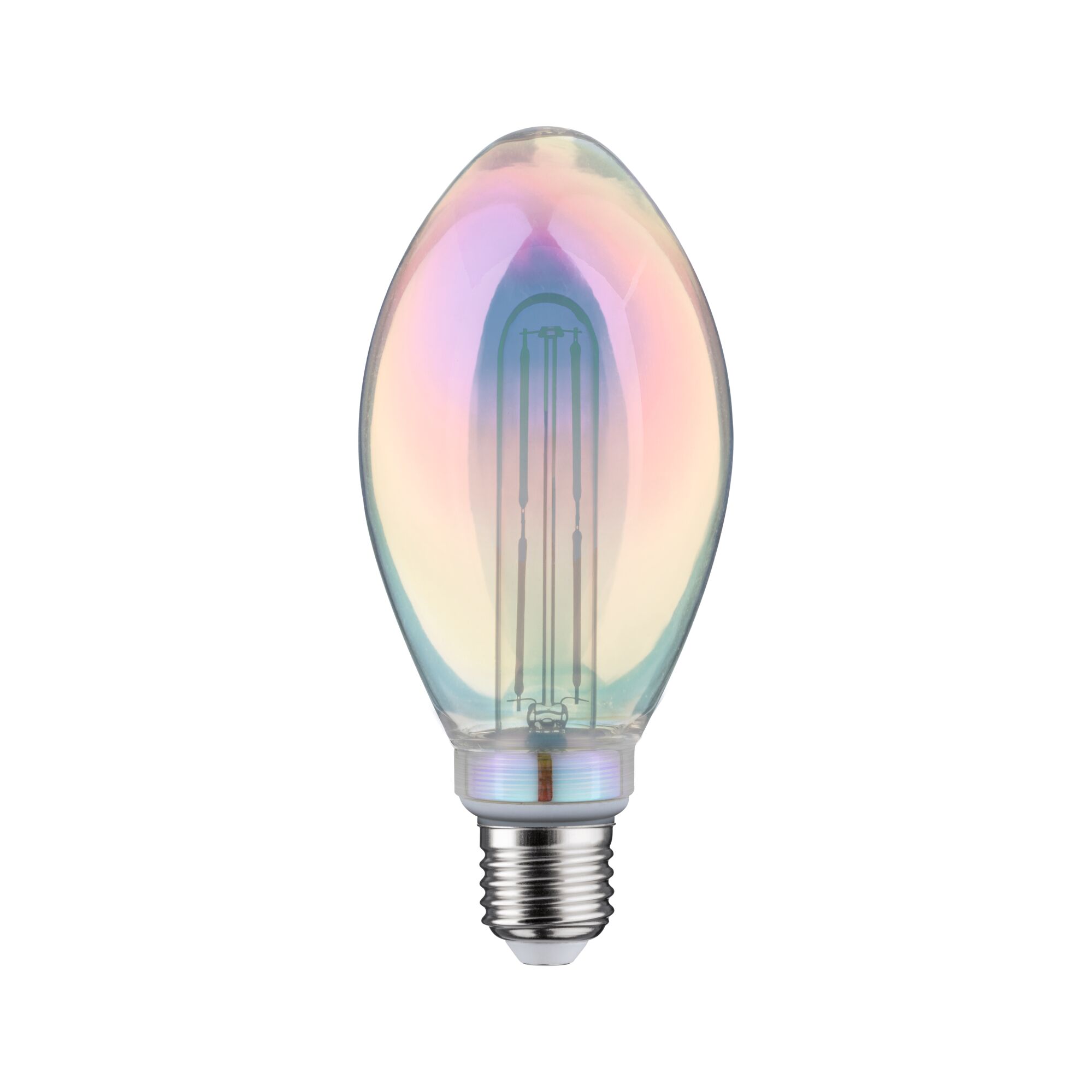 Light bulb with iridescent glass and visible filament, E27 base, decorative LED lamp