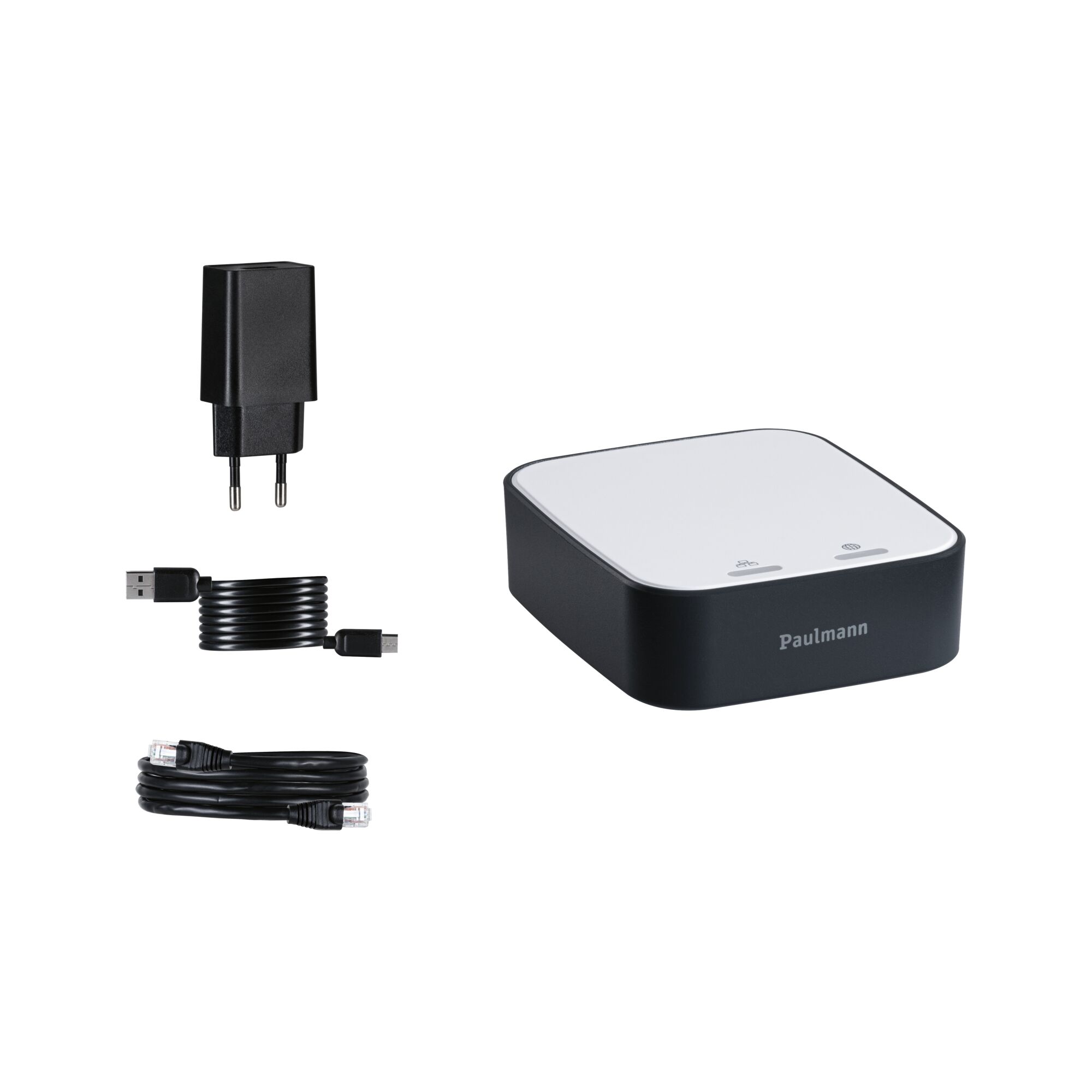 Boîtier de contrôle noir et blanc avec adaptateur secteur, câbles USB et Ethernet pour domotique
