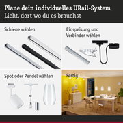 Modulares URail-Schienensystem mit weißen und schwarzen Schienen sowie Steckverbindern für flexible Beleuchtung.