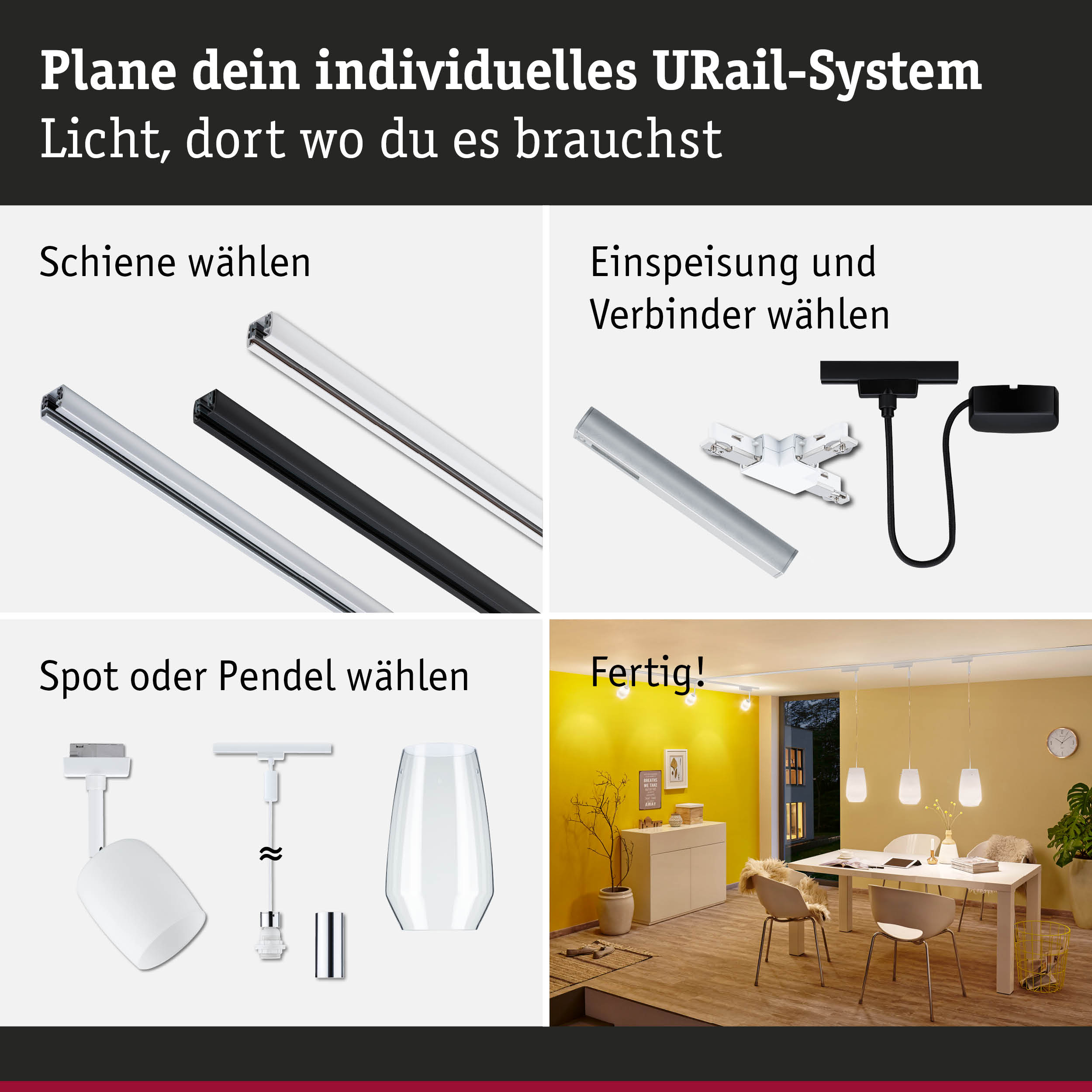 Modulares URail-Schienensystem mit weißen und schwarzen Schienen sowie Steckverbindern für flexible Beleuchtung.