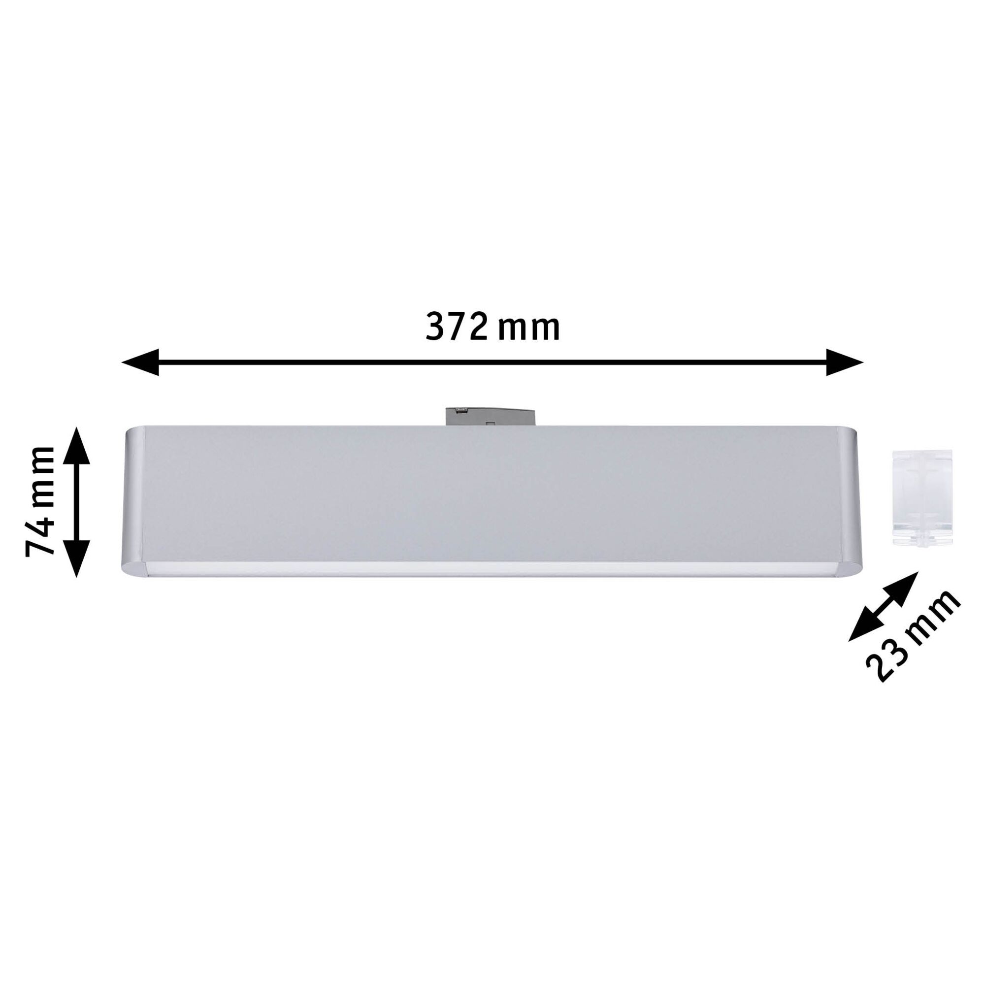 Rectangular white metal LED wall light measuring 372x74x23 mm for indoor lighting