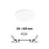 Round white LED ceiling light with adjustable clips for 50 to 100 mm installation size.