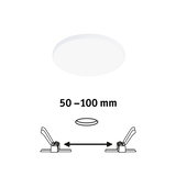 Round white LED ceiling light with adjustable clips for 50 to 100 mm installation size.