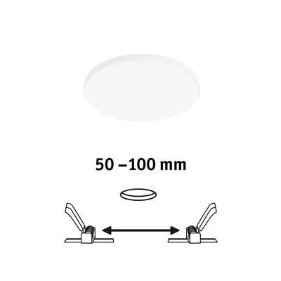 Round white LED ceiling light with adjustable clips for 50 to 100 mm installation size.