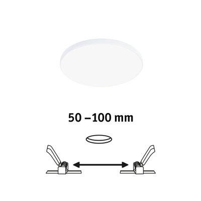 Round white LED ceiling light with adjustable clips for 50 to 100 mm installation size.