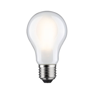 Glowing white LED light bulb with E27 metal base made of glass for energy-efficient lighting