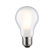 Leuchtende LED-Glühbirne mit E27-Fassung aus Glas und Metall in Weiß für energiesparende Beleuchtung