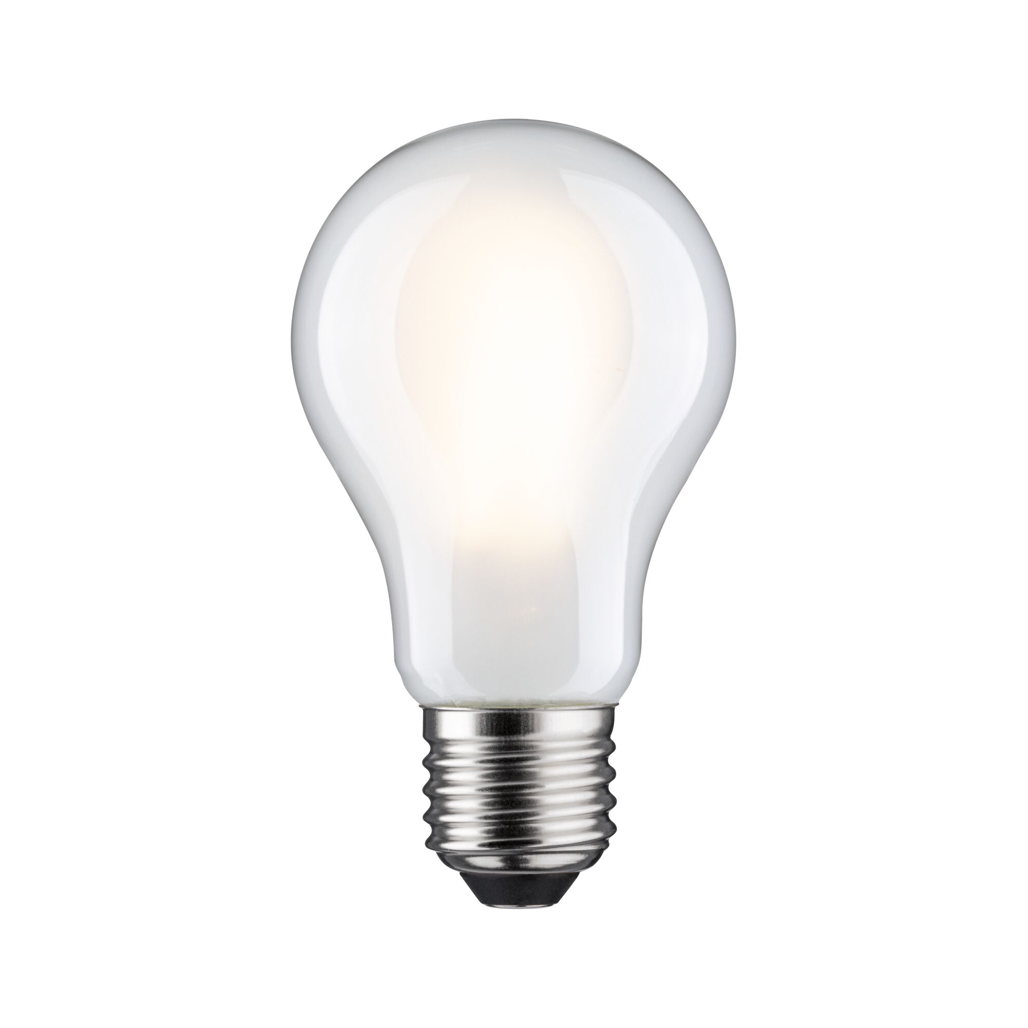 Leuchtende LED-Glühbirne mit E27-Fassung aus Glas und Metall in Weiß für energiesparende Beleuchtung