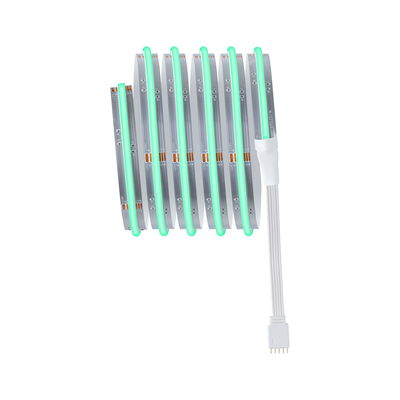 Flexible LED strip light with green glow and white connector cable for modern lighting solutions