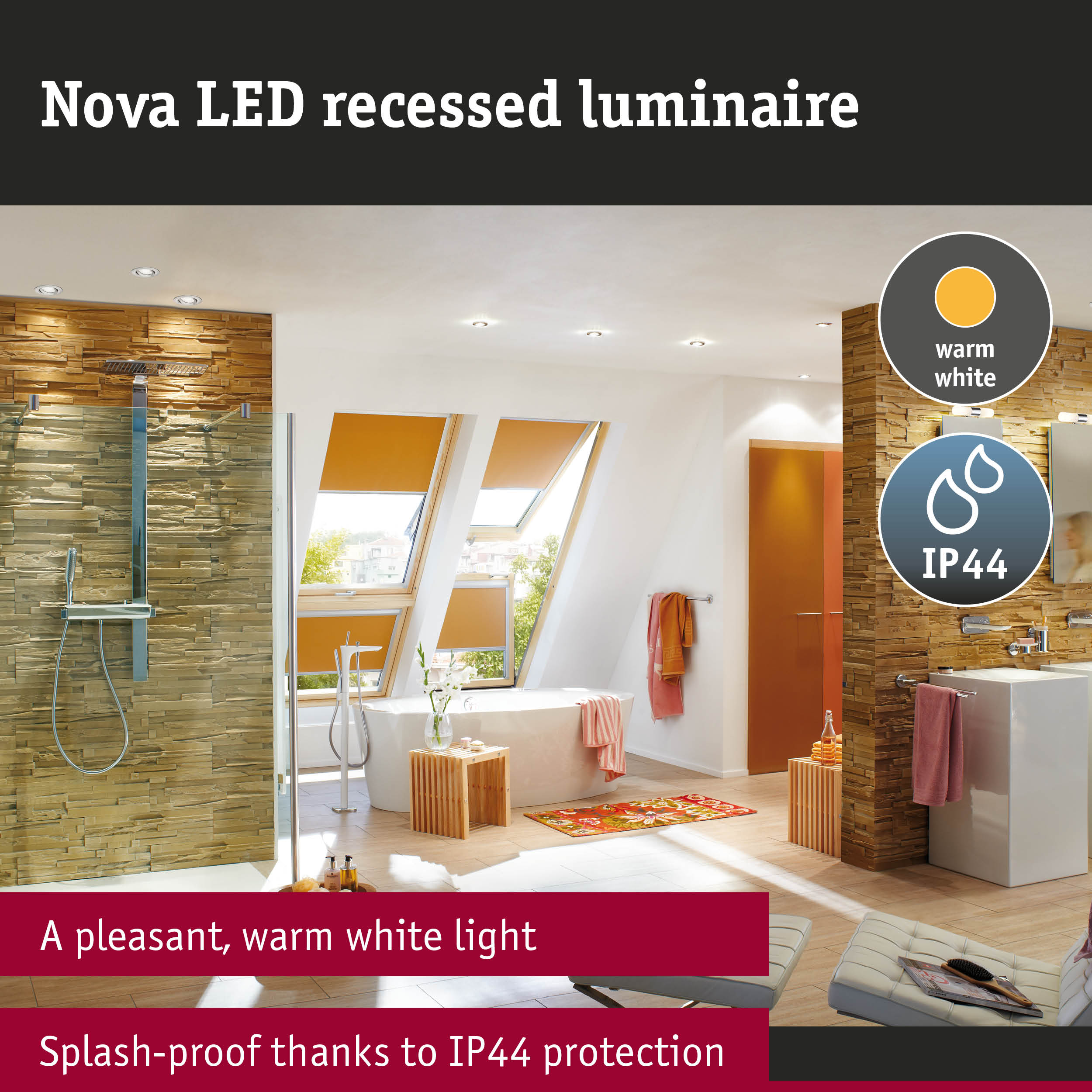 Modern Nova LED recessed lights in warm white with IP44 splash protection for bathroom