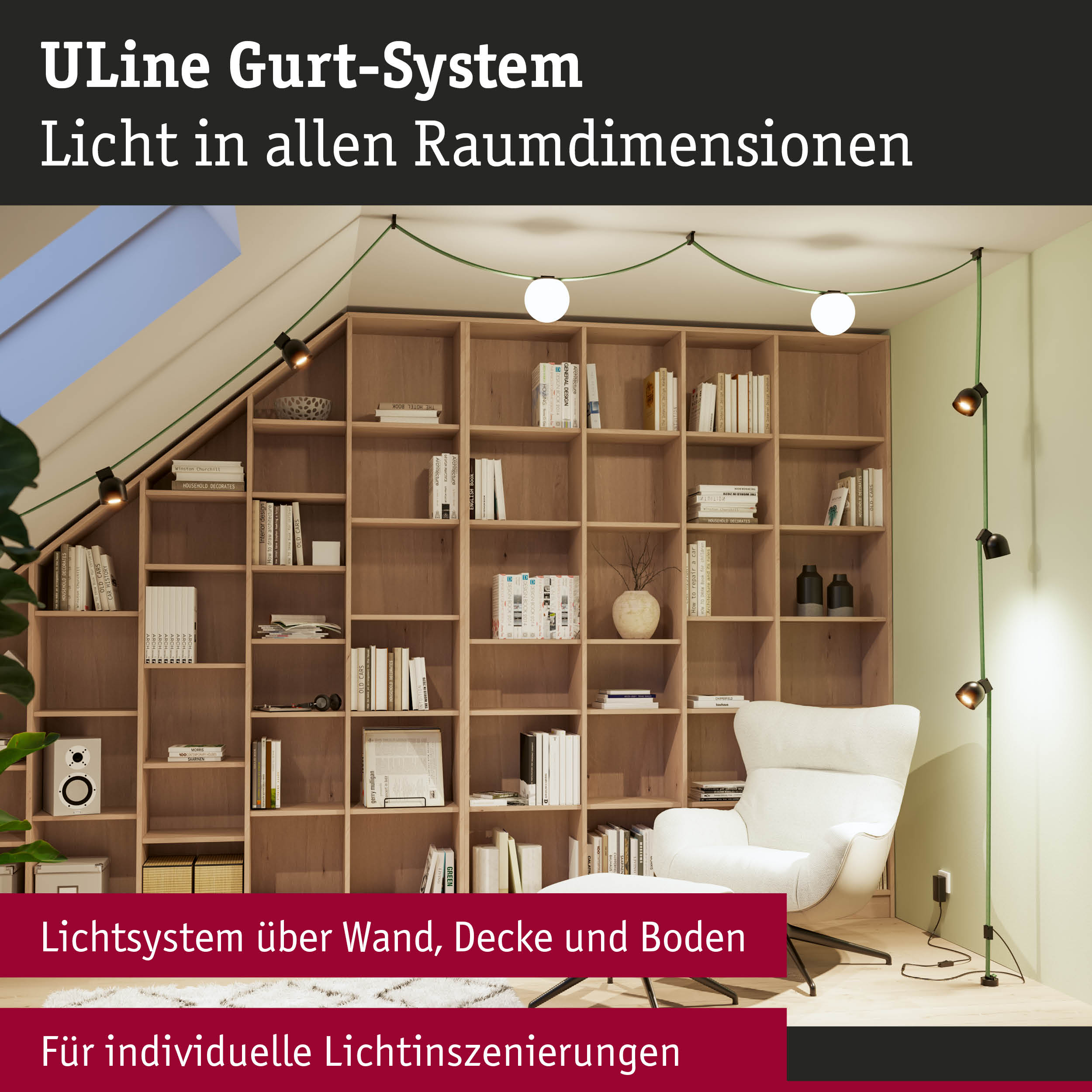ULine Gurt-System mit grüner Kabelführung und weißen Kugelleuchten in modernem Wohnzimmer mit Bücherregal