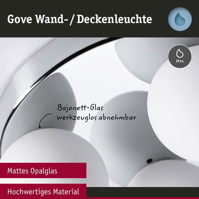 Gove Wand- und Deckenleuchte mit mattem Opalglas und hochwertigem Material, IP44 Schutz für Feuchträume