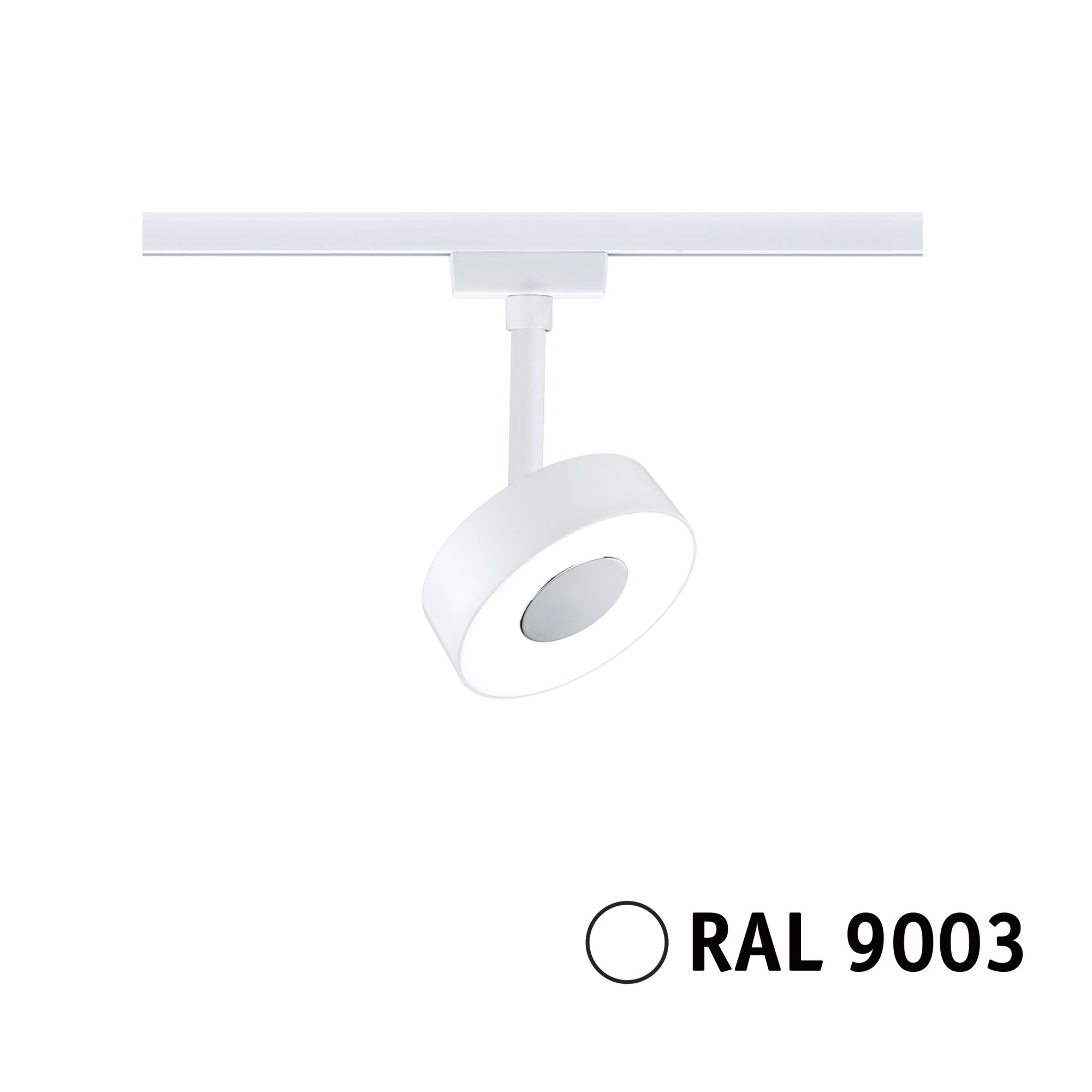 Moderne witte LED-spot met ronde vorm en RAL 9003 kleur voor railsystemen.