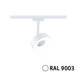 Moderne witte LED-spot met ronde vorm en RAL 9003 kleur voor railsystemen.