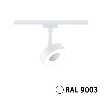 Moderner weißer LED-Strahler mit runder Form und RAL 9003 Farbe für Schienensysteme.
