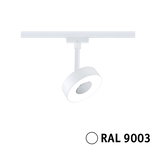 Moderner weißer LED-Strahler mit runder Form und RAL 9003 Farbe für Schienensysteme.