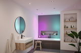Salle de bain moderne avec meuble en bois, miroir rond et éclairage LED coloré au plafond pour intérieur.
