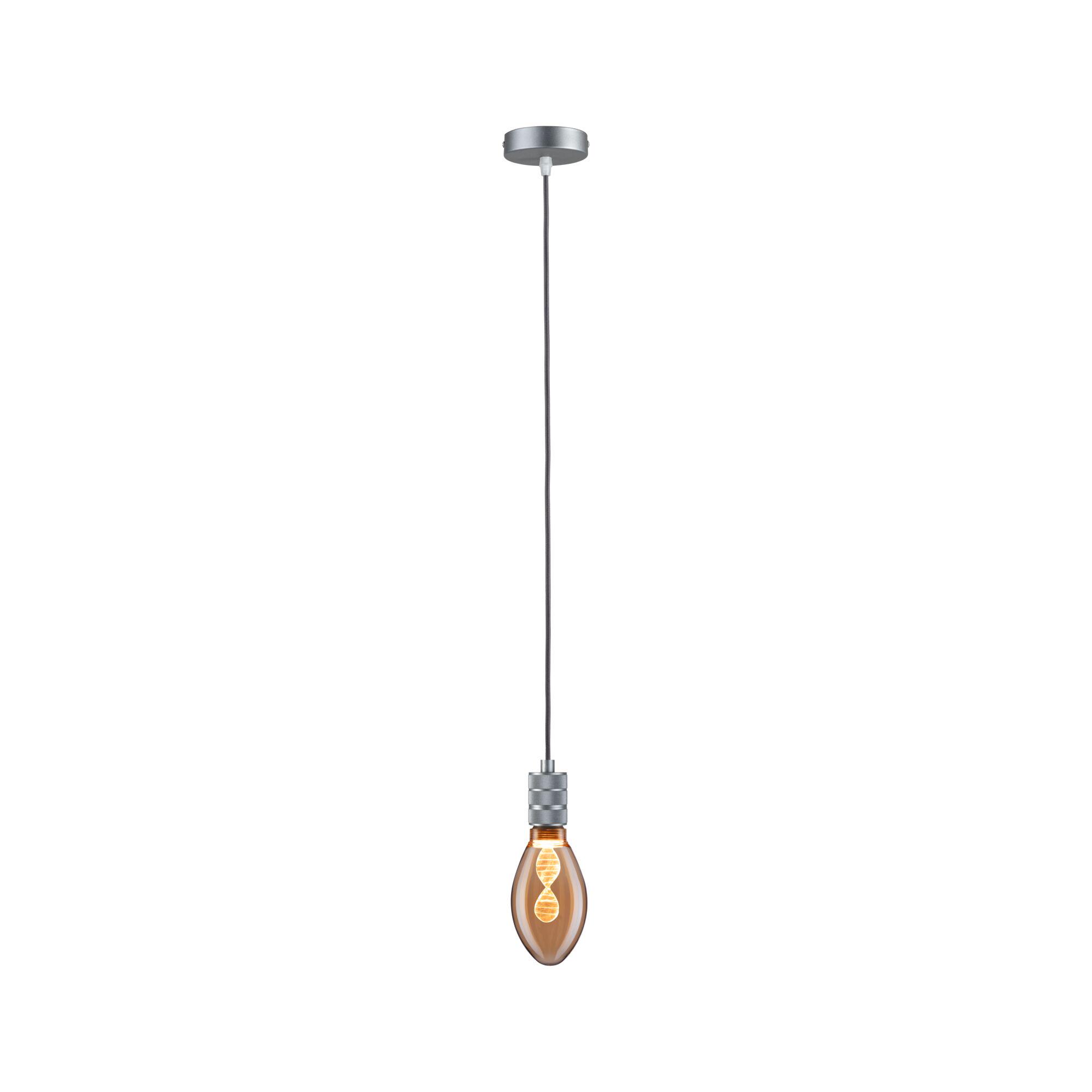 Hanglamp met grijze metalen houder en warm gloeiende lamp in amberkleurig glas voor binnenverlichting