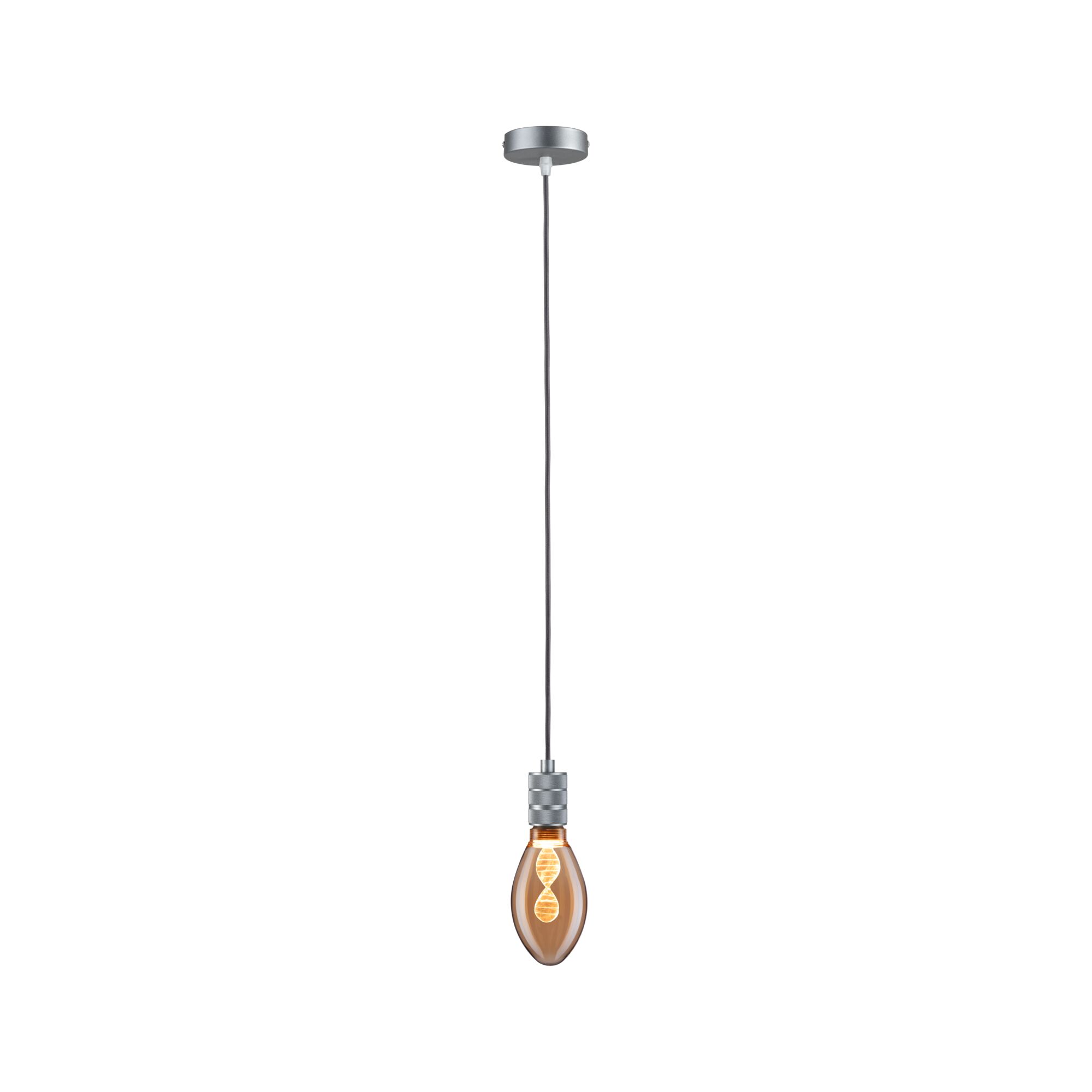 Hängelampe mit grauem Metallhalter und warm leuchtender Glühbirne in bernsteinfarbenem Glas