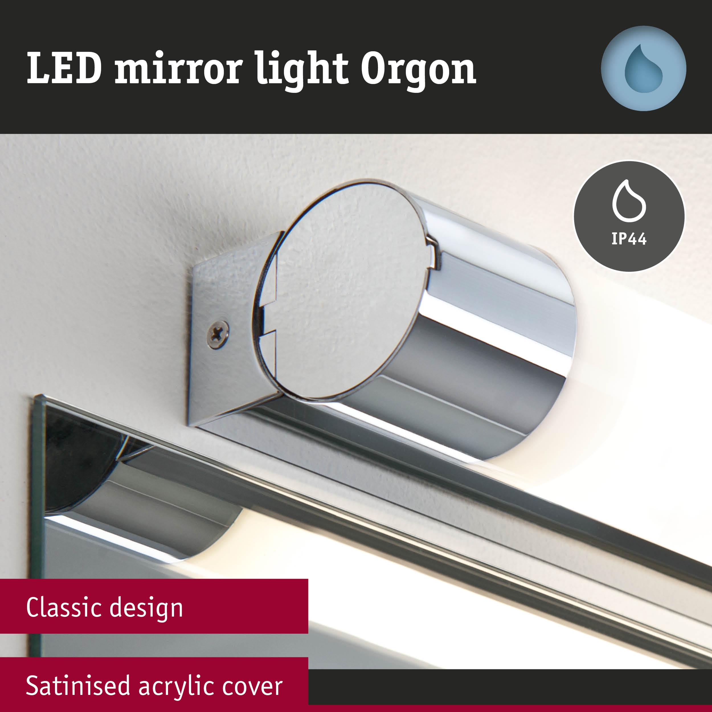LED mirror light Orgon with satinised acrylic cover and classic chrome design for bathroom lighting