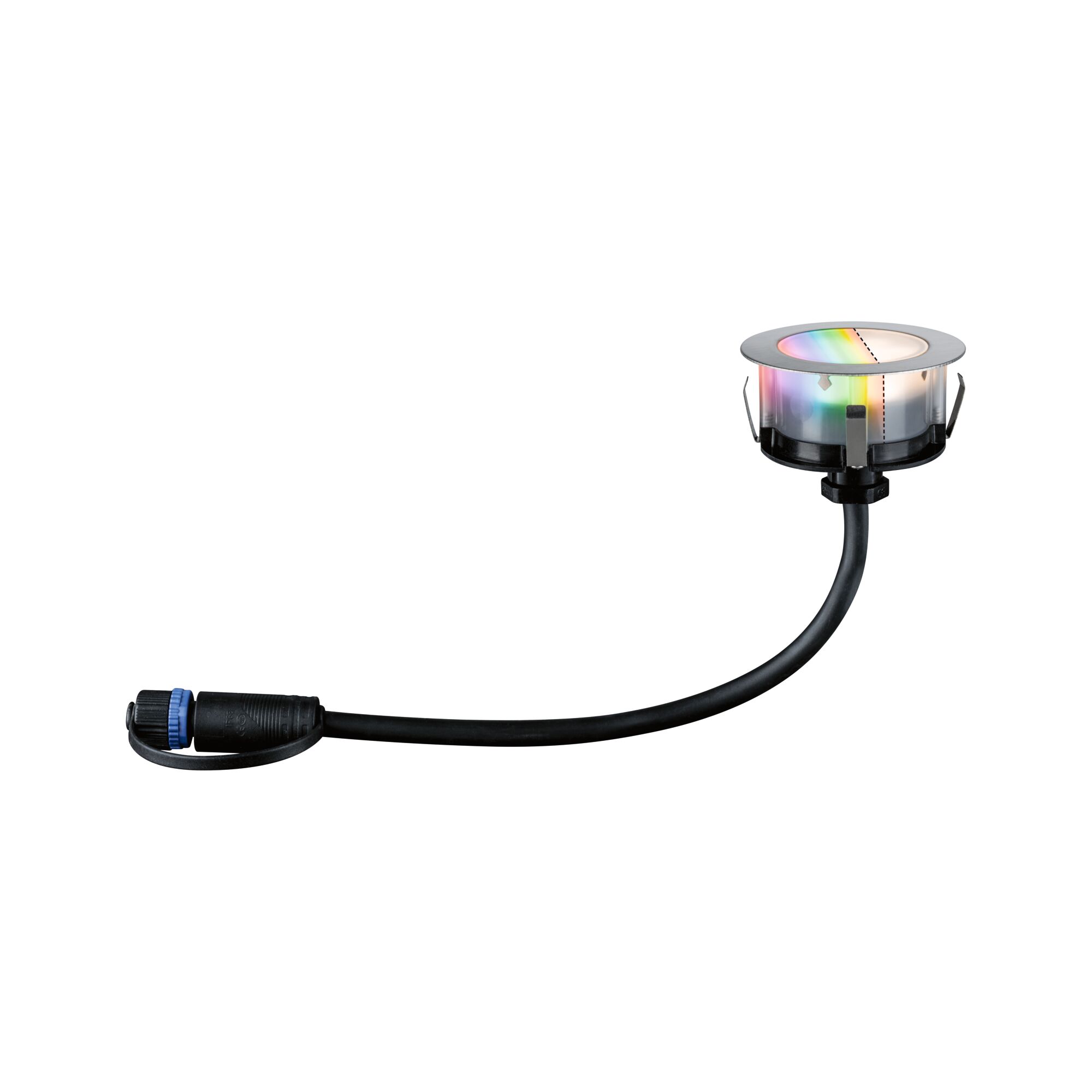 Kompakt LED-indbygningsspot med sølvramme og sort kabel til smart lysstyring