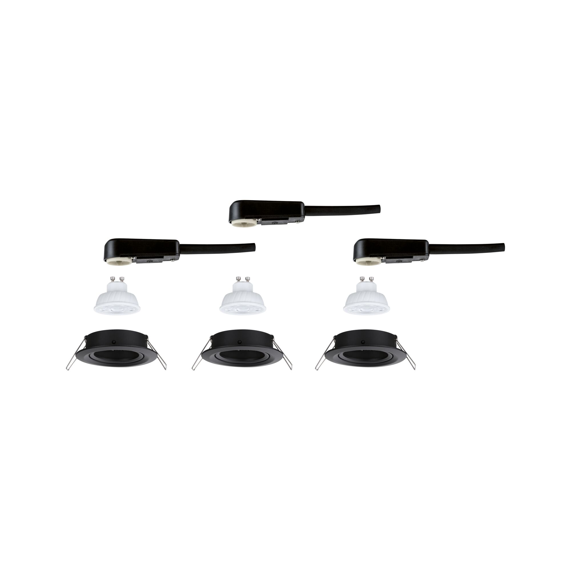 Drei schwarze Einbaustrahler mit GU10 LED-Lampen und Anschlusskabel für moderne Beleuchtung