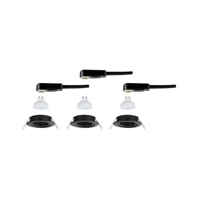 Drei schwarze Einbaustrahler mit GU10 LED-Lampen und Anschlusskabel für moderne Beleuchtung