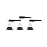 Drei schwarze Einbaustrahler mit GU10 LED-Lampen und Anschlusskabel für moderne Beleuchtung