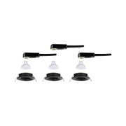 Drei schwarze Einbaustrahler mit GU10 LED-Lampen und Anschlusskabel für moderne Beleuchtung
