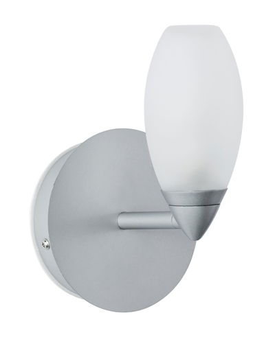 Moderne wandlamp met matte zilveren metalen voet en witte glazen kap voor binnenverlichting