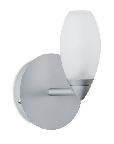 Moderne Wandleuchte mit matt-silbernem Metallfuß und weißem Glaslampenschirm für Innenbeleuchtung