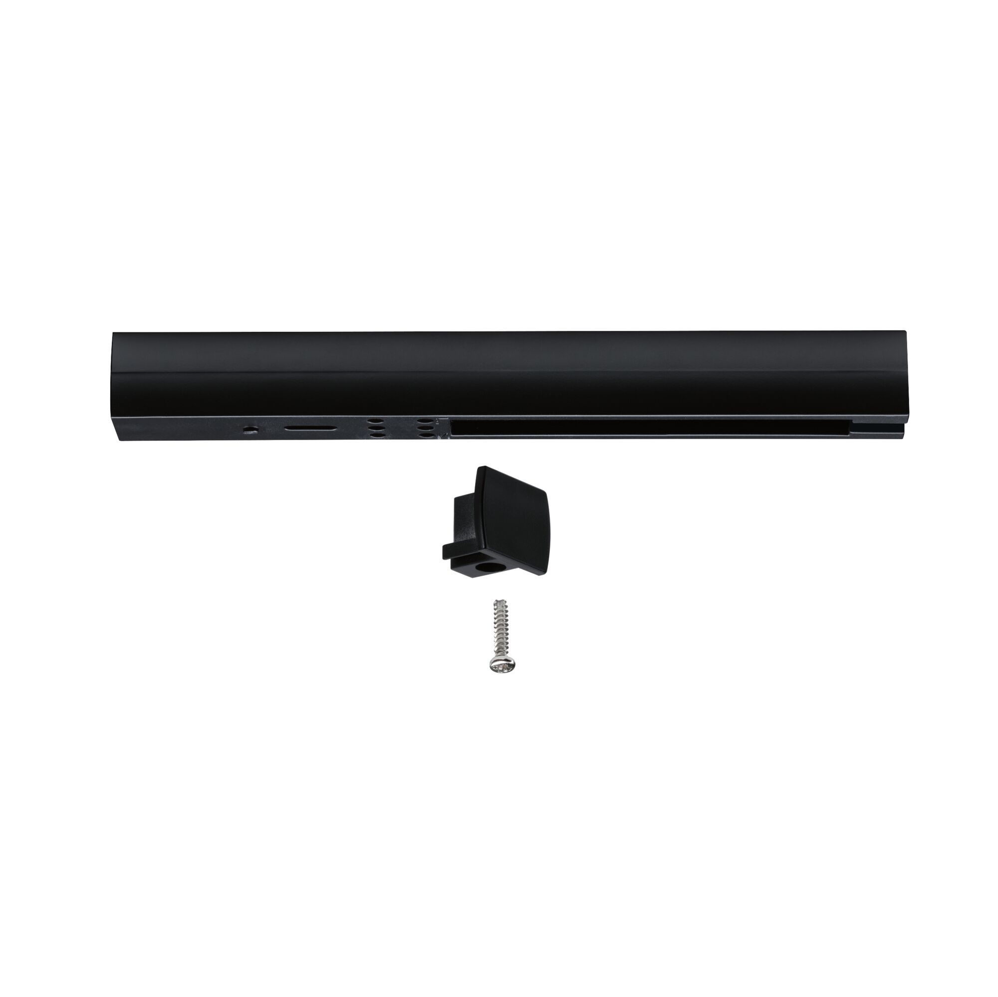Schwarze Aluminium-Schiene mit passendem Endstück und Schraube für LED-Schienensysteme.