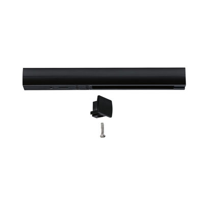 Black aluminum rail with matching end cap and screw for LED track lighting systems.