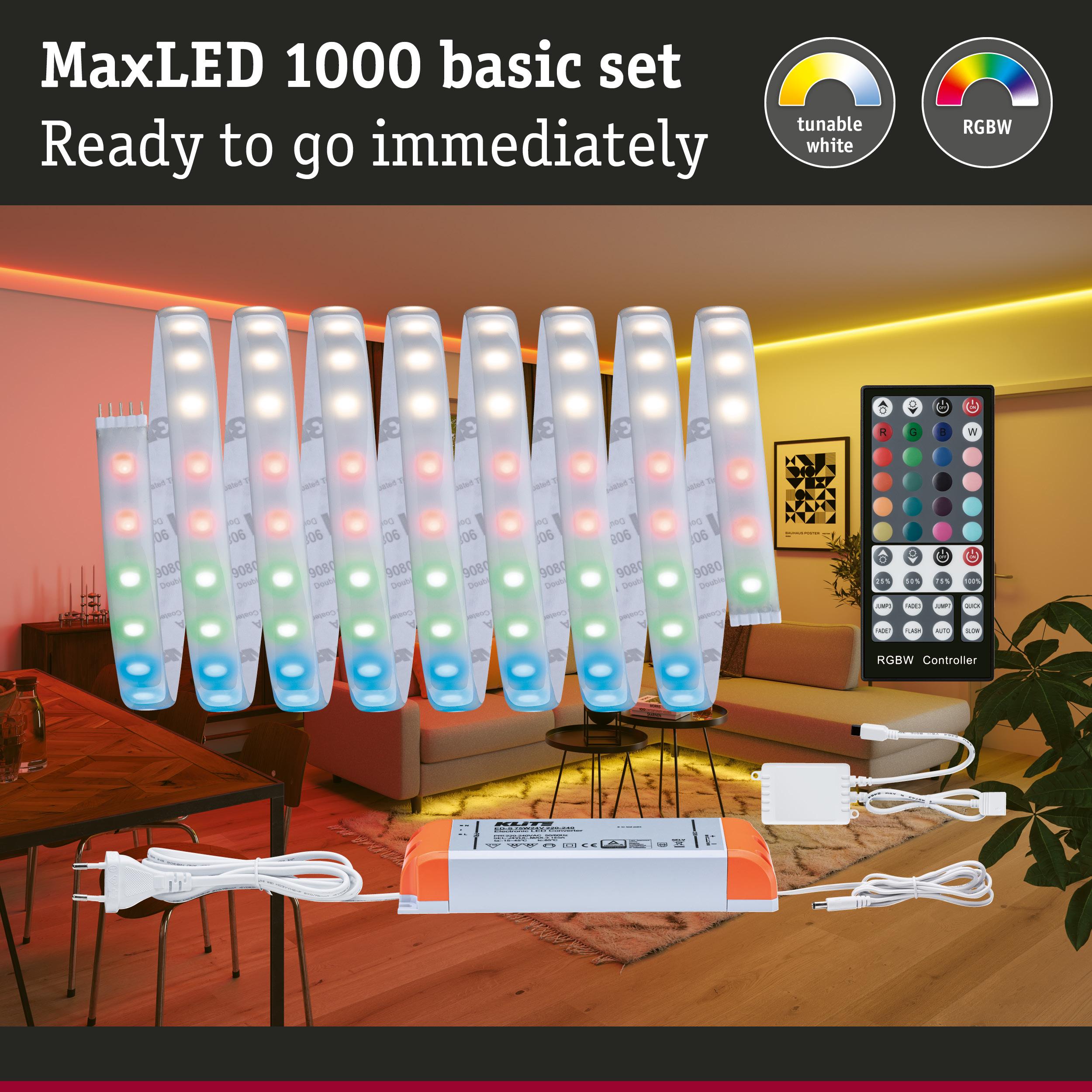 MaxLED 1000 RGBW LED strip with remote and power supply for ambient room lighting and colour control