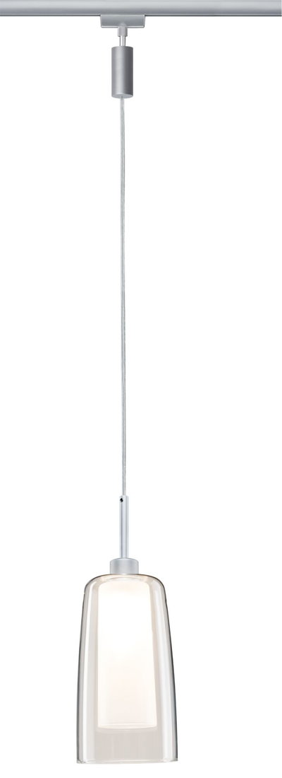 Modern pendant light with clear glass and silver metal, perfect for stylish indoor lighting solutions.