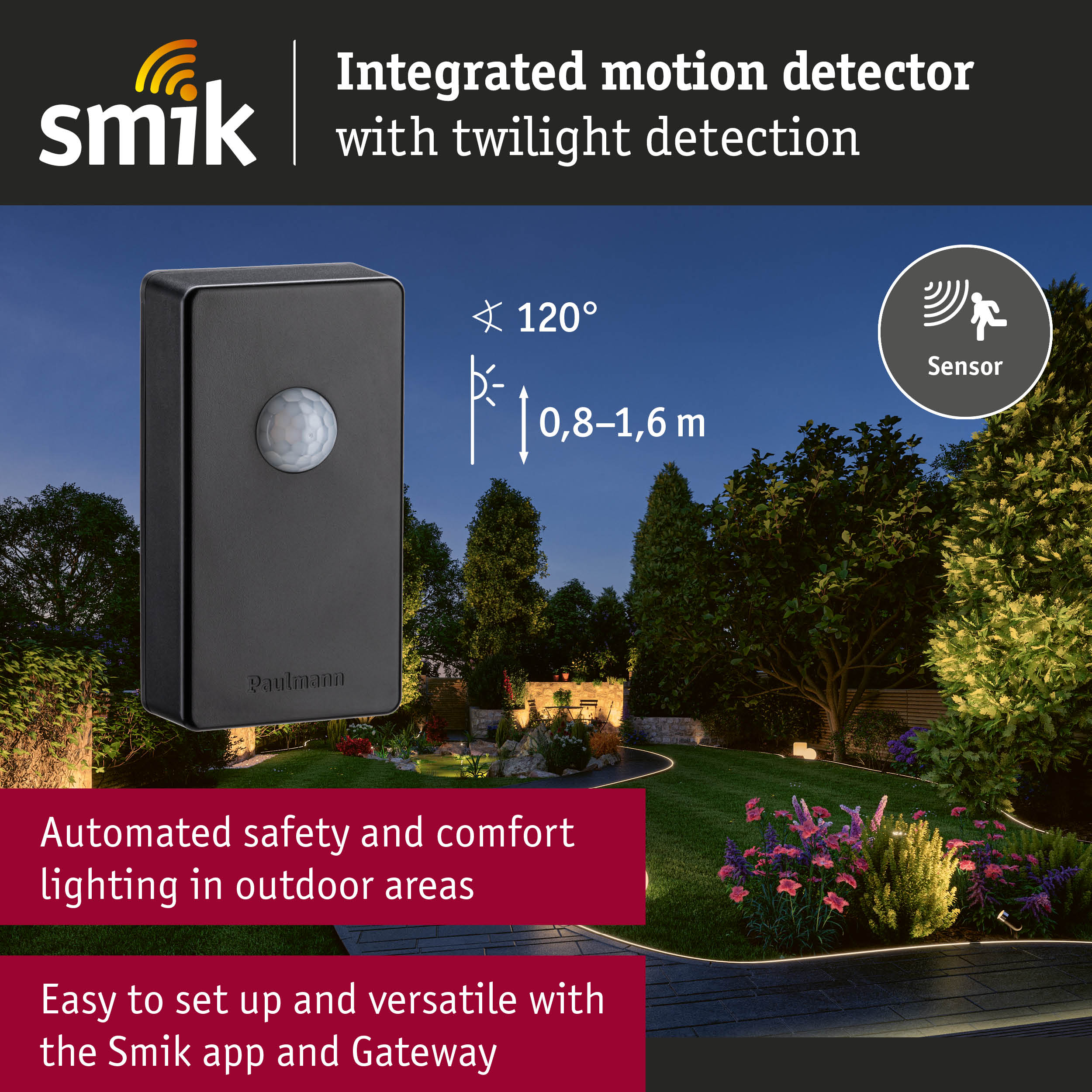Black outdoor motion detector with twilight detection and 120° sensing angle for garden lighting