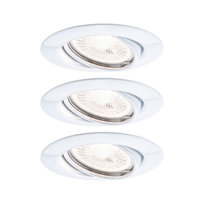 Three white metal recessed spotlights with adjustable LED lights for modern room lighting