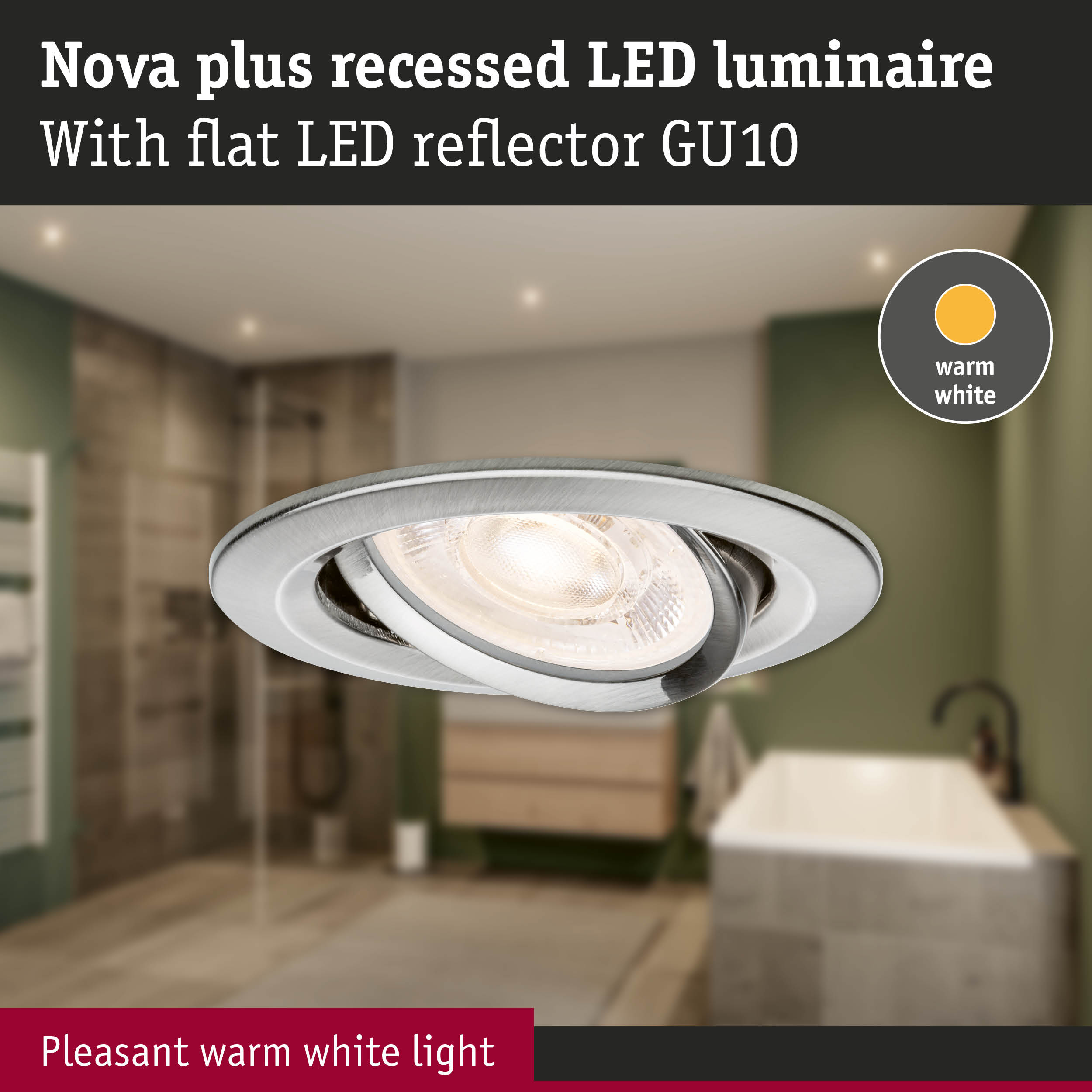 Nova plus recessed LED luminaire in silver metal with warm white light ideal for bathroom lighting