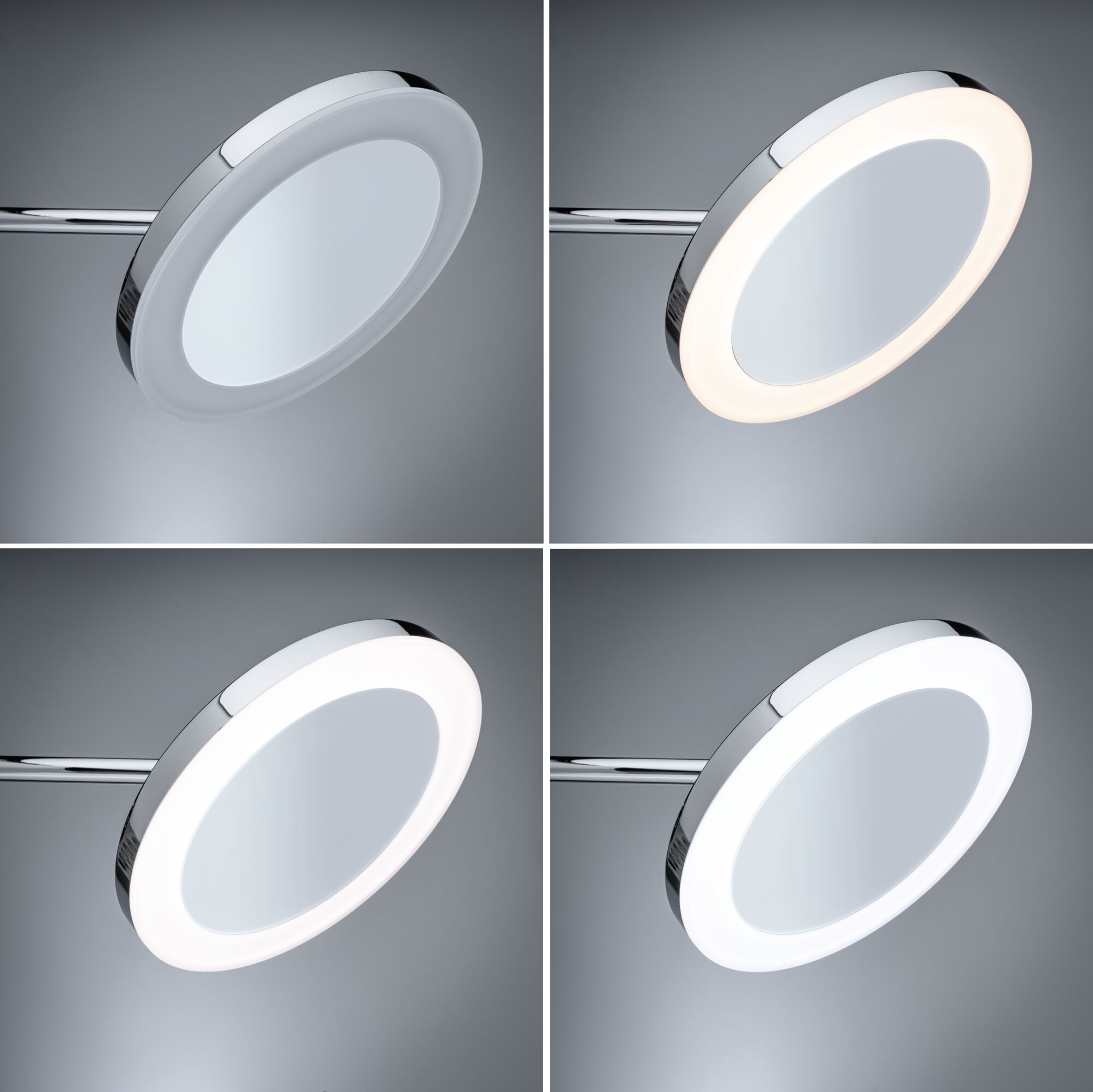 Quatre vues d'un éclairage miroir LED rond avec cadre chromé et température de couleur réglable pour salle de bain.