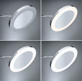 Quatre vues d'un éclairage miroir LED rond avec cadre chromé et température de couleur réglable pour salle de bain.