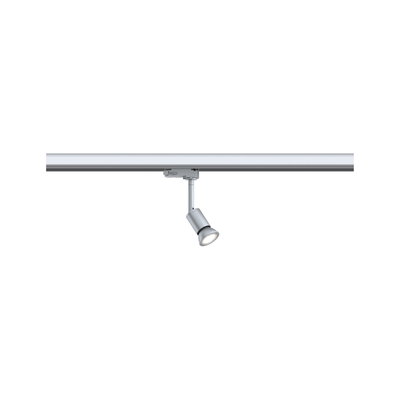 Silberner LED-Strahler aus Metall an Schienensystem für flexible Beleuchtung im Innenraum