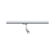 Moderner silberner LED-Strahler aus Metall an Schienensystem für flexible Beleuchtung