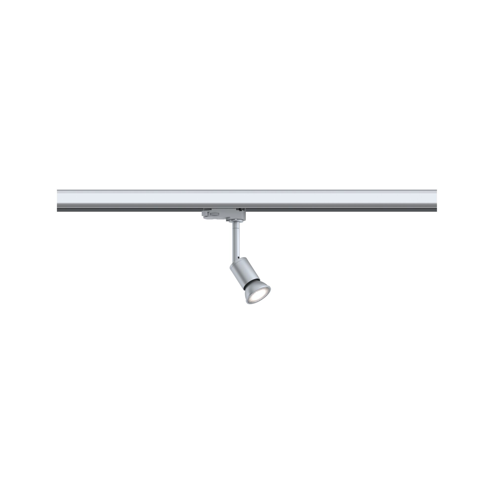 Moderner silberner LED-Strahler aus Metall an Schienensystem für flexible Beleuchtung