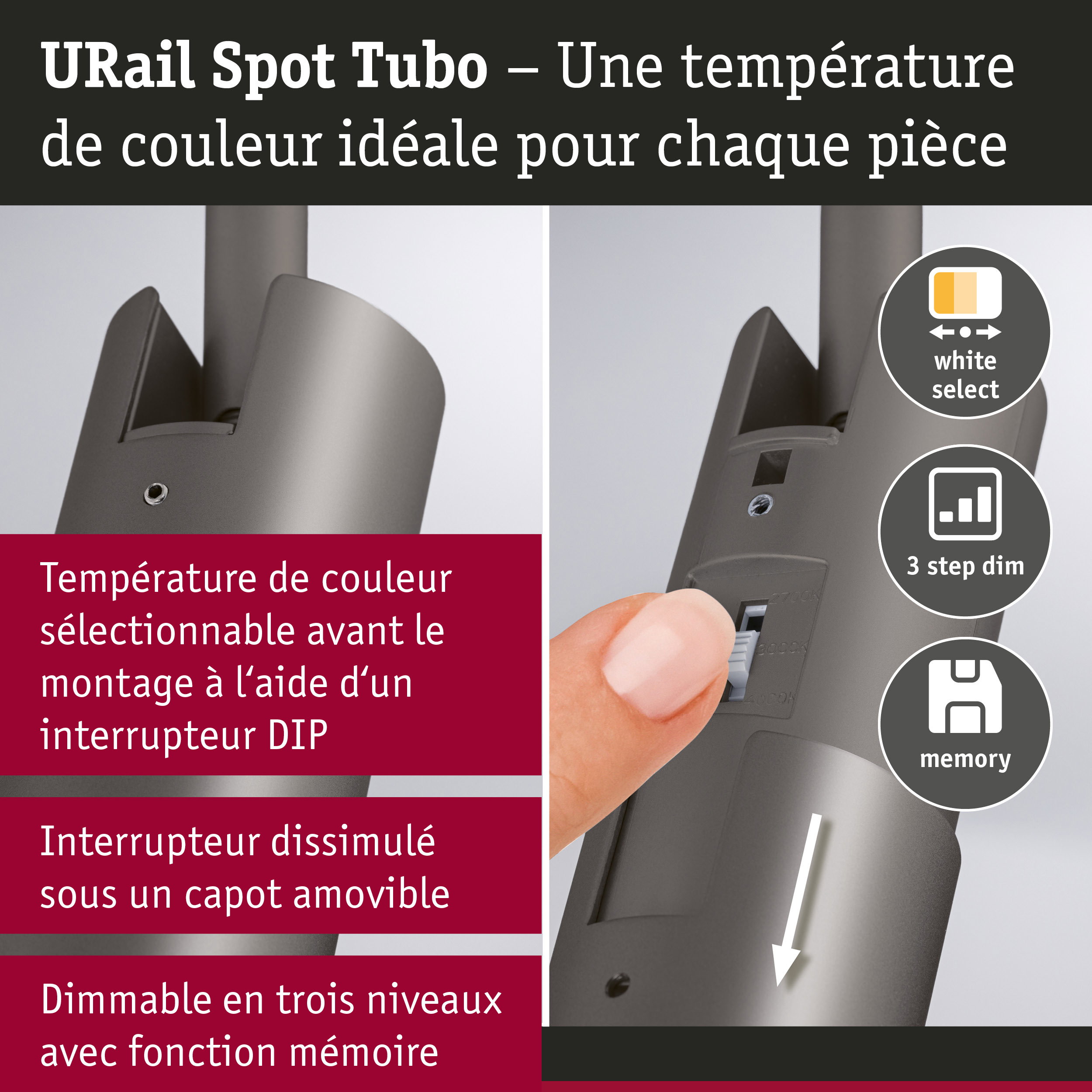 URail Spot sur rail Tubo Spot individuel 250lm 3,3W White Select gradable 230V Titanium
