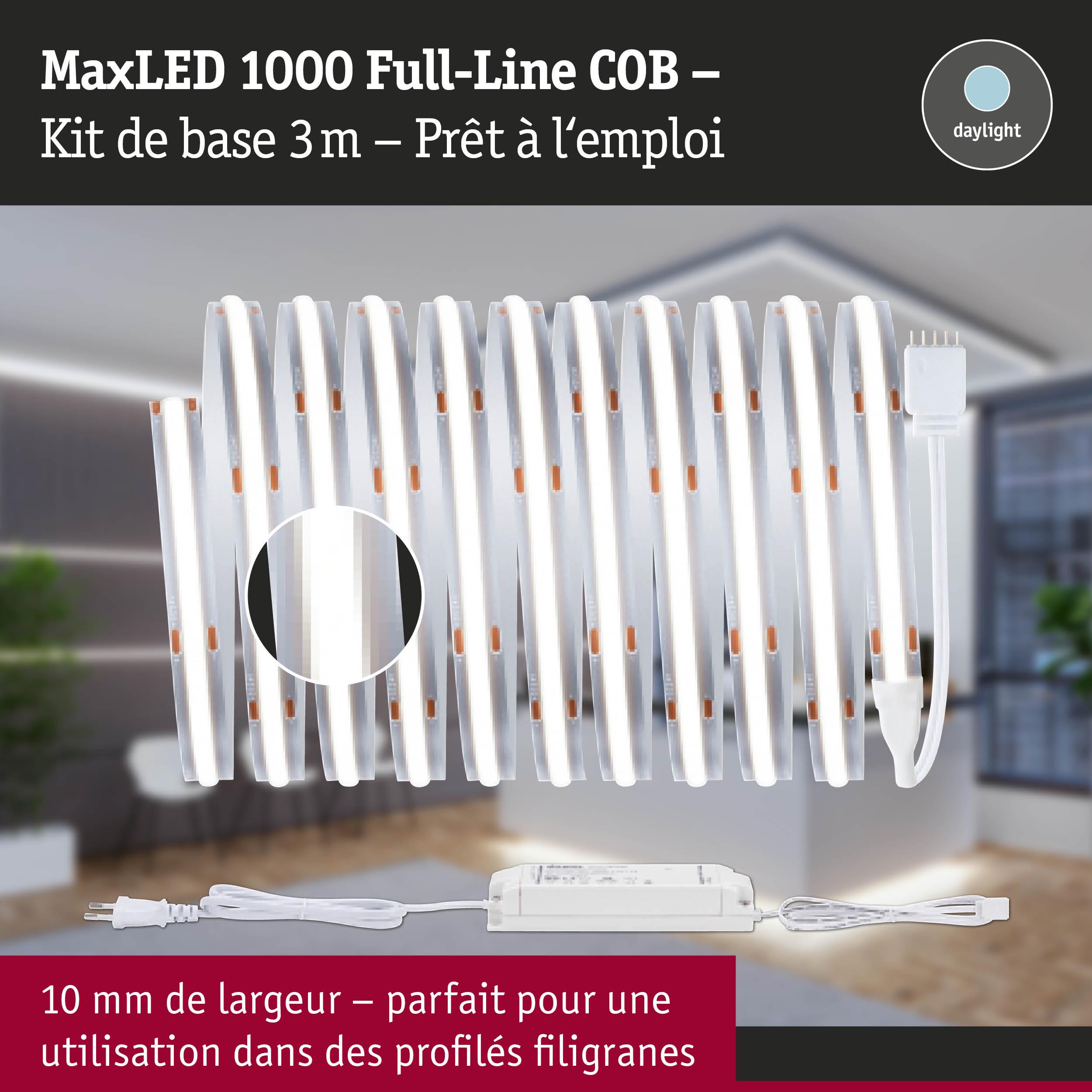 Bande LED MaxLED 1000 Full-Line COB 3m blanche avec alimentation, idéale pour profils fins