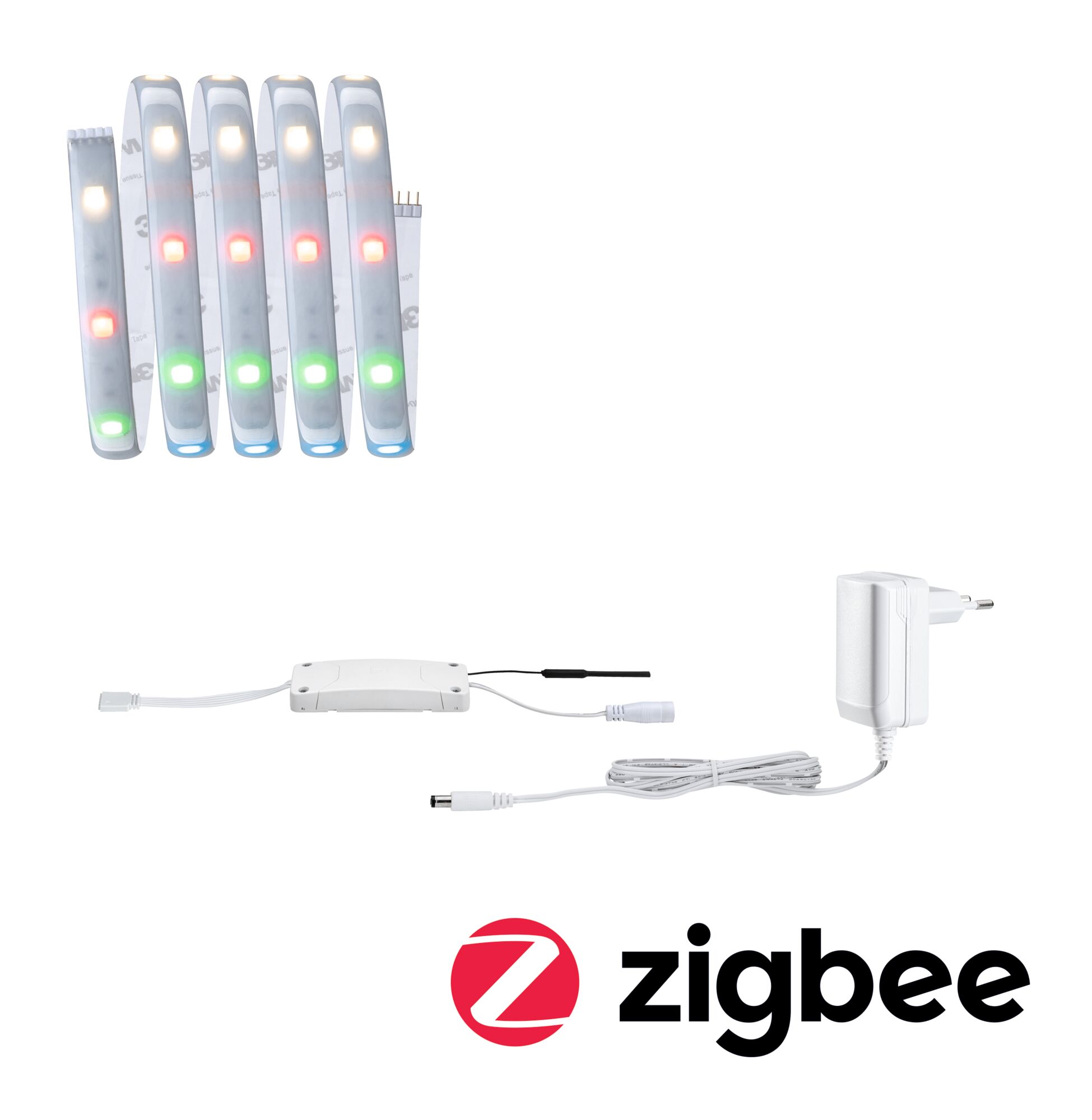 Bande LED blanche Zigbee avec contrôleur et adaptateur secteur pour systèmes d'éclairage intelligents