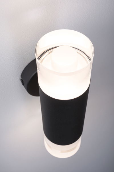 Applique murale moderne en métal noir avec verre cylindrique et lumière LED blanc chaud pour intérieur