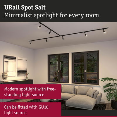 Minimalist black URail Spot Salt ceiling spotlight with GU10 fitting in modern living room