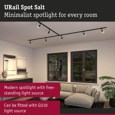 Minimalist black URail Spot Salt ceiling spotlight with GU10 fitting in modern living room
