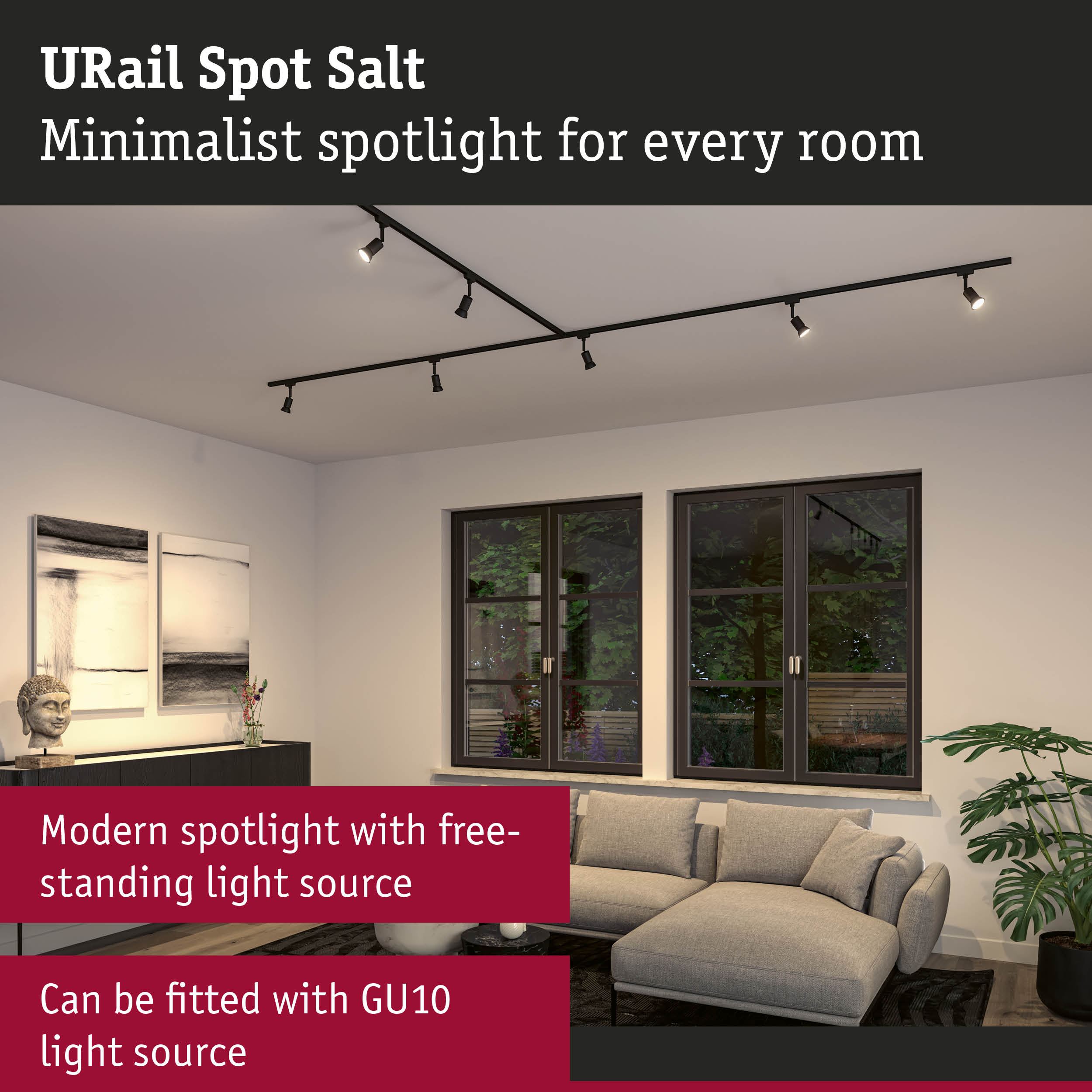 Minimalist black URail Spot Salt track lighting with adjustable spotlights in modern living room